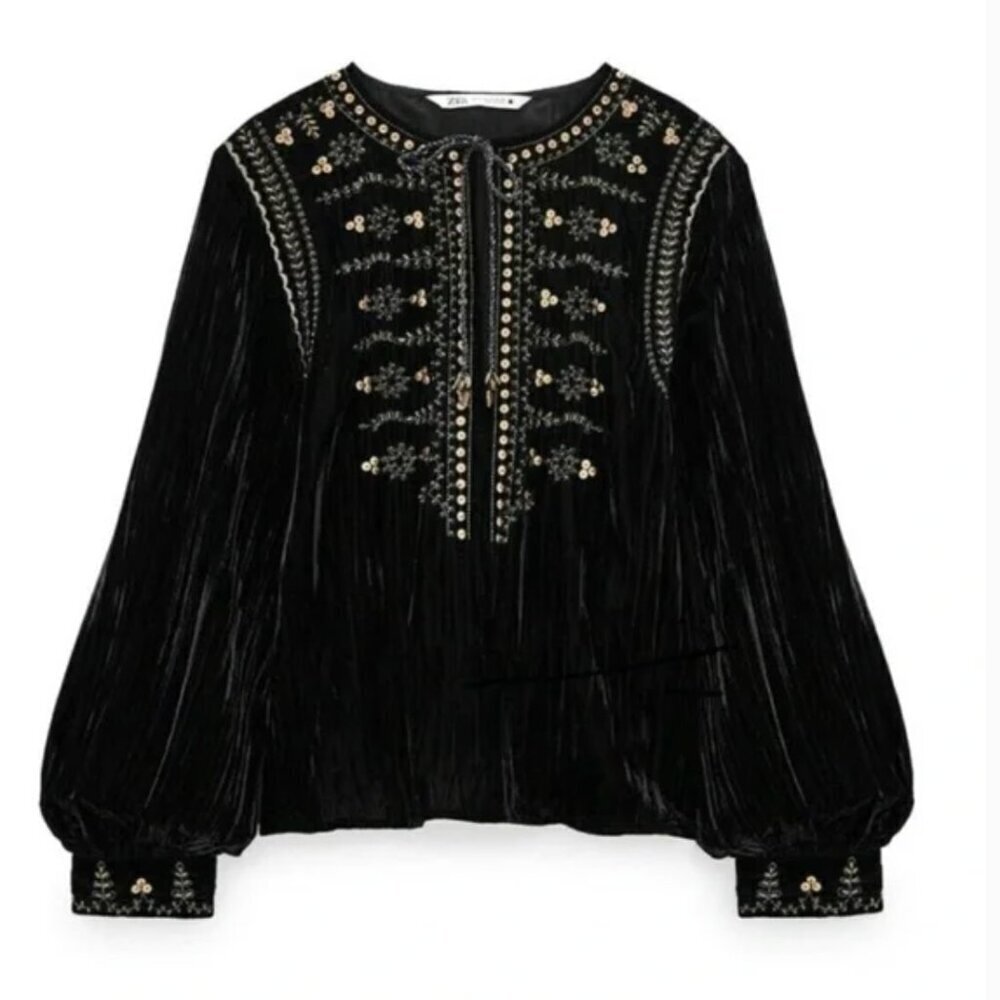 Zara boho style velvet blouse with ballon sleeves with gold thread Size XS NWT